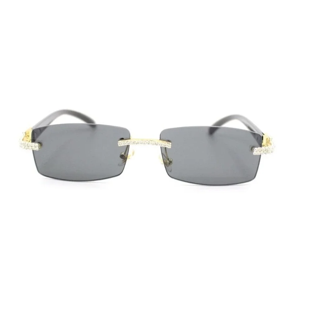 Rimless Dark Black Lens Sunglasses Rhinestone Accents Rectangular Frame Men's‎